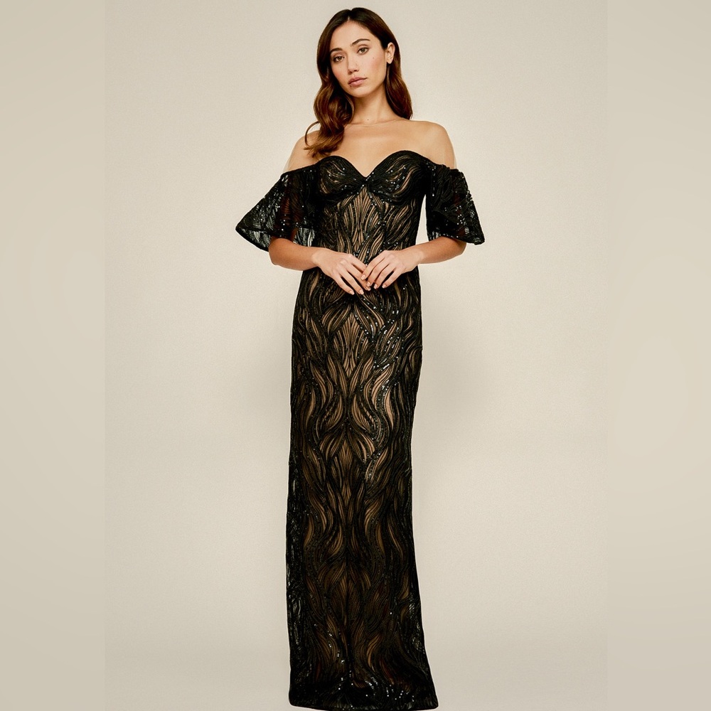 Tadashi Shoji Nerilla Sequin Off-the-Shoulder Illusion Gown Size 6